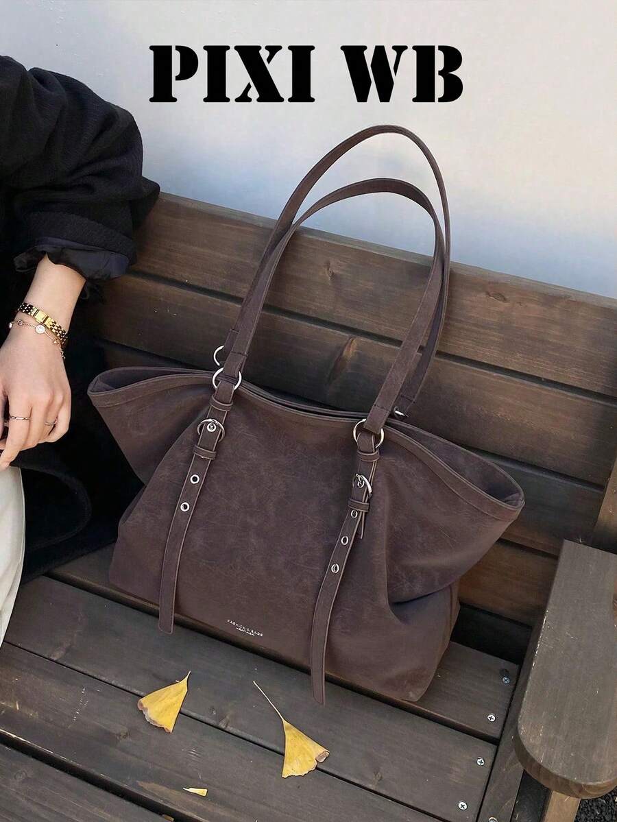 Solid Color Adjustable Shoulder Strap Shoulder Tote Bag Zipper Closure Minimalist Style Large Capacity Body Storage Water Bottle Books Umbrella Suitable For Daily Work School Commute Short Trips Shopping - Coffee - View 1