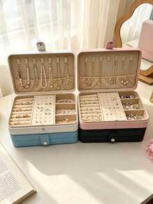 1pc Large Capacity Jewelry Storage Box, PU Travel Jewelry Organizer, Cosmetic Storage Box, Pink Travel Accessory, Jewelry Storage Container, Travel Essential, Suitable For Storing Earrings, Necklaces, Rings, Etc., Holiday Gift, Women's Gift. - Multicolor - View 4
