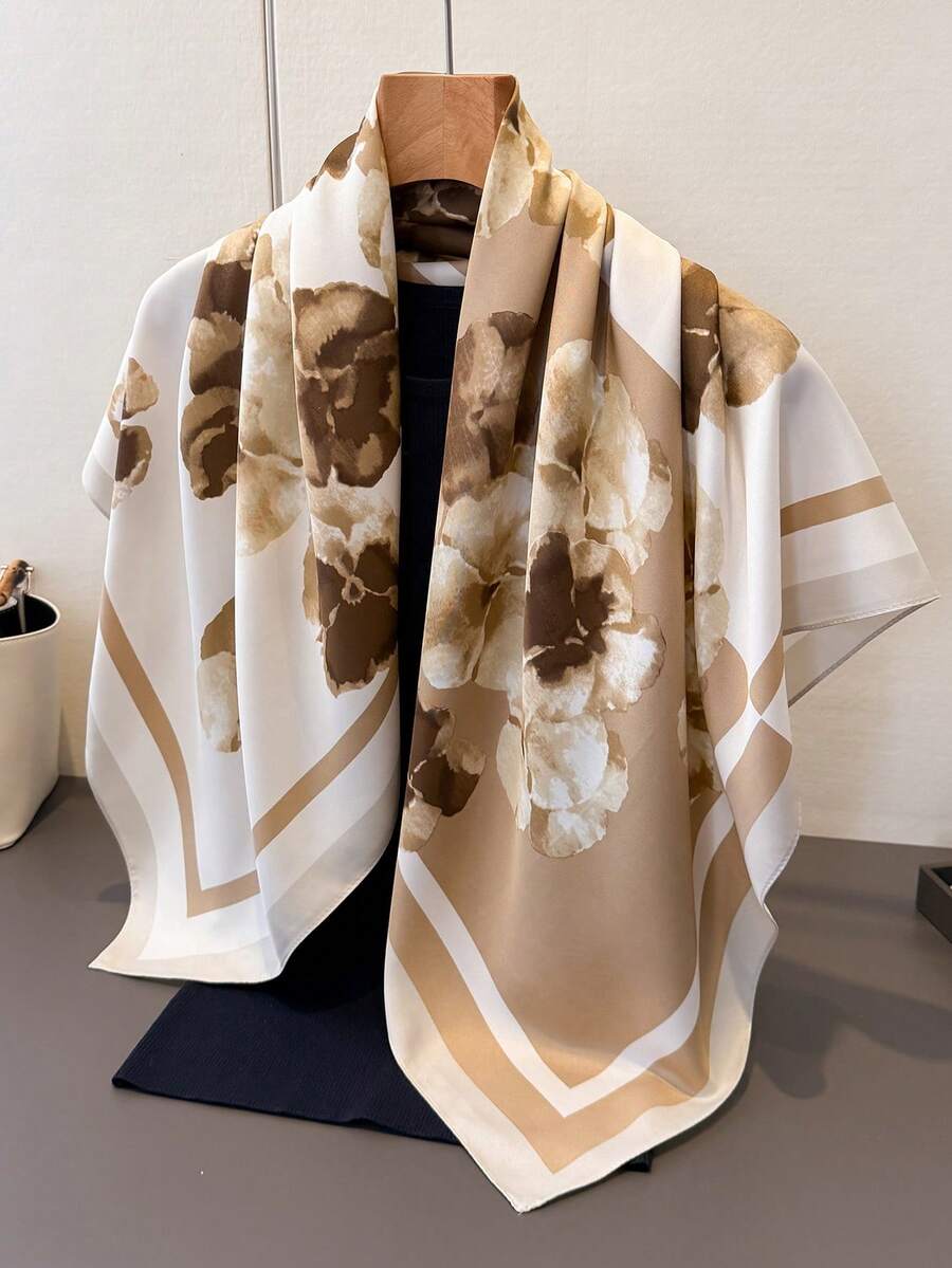 1件女款優雅復古印花修身緞面正方形仿絲綢圍巾,波希米亞風女式頸巾披肩,輕盈舒適女用頭巾 - 奶茶色 - 查看 1