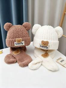 1 Set 3D Bear Ears Lucky Label Decor High Elastic Thickened Coral Fleece Warm Windproof Ear & Neck Protection Cute Cartoon Children's Hat & Scarf Set, Winter Daily Wear, Holiday Gift - Multicolor - View 5