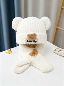 1 Set 3D Bear Ears Lucky Label Decor High Elastic Thickened Coral Fleece Warm Windproof Ear & Neck Protection Cute Cartoon Children's Hat & Scarf Set, Winter Daily Wear, Holiday Gift - Multicolor - View 6