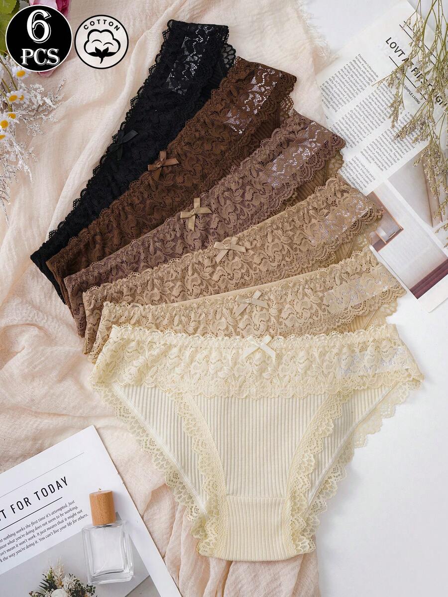 6pcs Women's Cotton Ribbed Briefs Lace Trim Low-Rise Panties With Bow Soft Comfortable Underwear - Multicolor - View 1