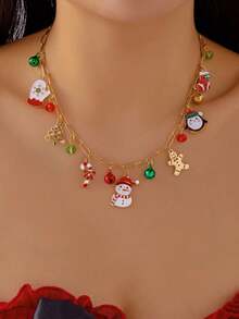 1pc Christmas Snowman Gingerbread Man Bell Crystal Multi-Accessory Necklace - Multicolor - View 5