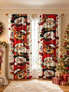 2pcs Cartoon Christmas Vertical Stacked Character Curtains, Santa Claus Snowman Reindeer Snowflake Candy Print, Polyester Material, Pocket Rod Installation, Merry Christmas Decoration 2027 Home Seasonal Bedroom Living Room Kitchen Bathroom Laundry Room Curtains, New Year Decoration, Machine Washable, Good Light Transmittance, Christmas Atmosphere Decorative Curtains, Multiple Sizes Available, 2D Flat Print, Super Cool Decorative Curtains - Multicolor - View 3