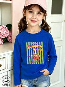 Halloween Girls Cotton Raglan Long Sleeve T-Shirt, Cartoon Pumpkin Skateboard Print, Cute Sweet Preppy Style - Colorful Orchid - View 4