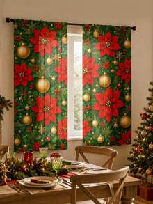 2pcs Christmas Holiday Theme Decorative Curtains, Christmas Poinsettia, Gold Christmas Ball Pattern, Suitable For Home Decor, Window Decoration, Christmas Holiday Home Atmosphere Decoration - Multicolor - View 5