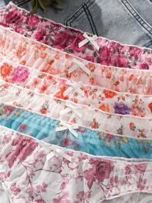 6pcs - Vintage Rose Floral Mesh Women's Triangle Panties, Ruffle Waistband With Bow, Lightweight Comfortable Sweet Girl Underwear - Multicolor - View 4