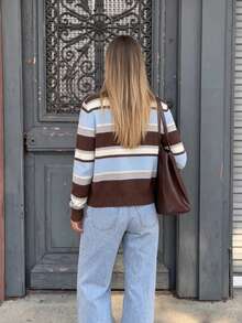 Plus Size Women's Striped Colorblock Button Knit Cardigan - Multicolor - View 6