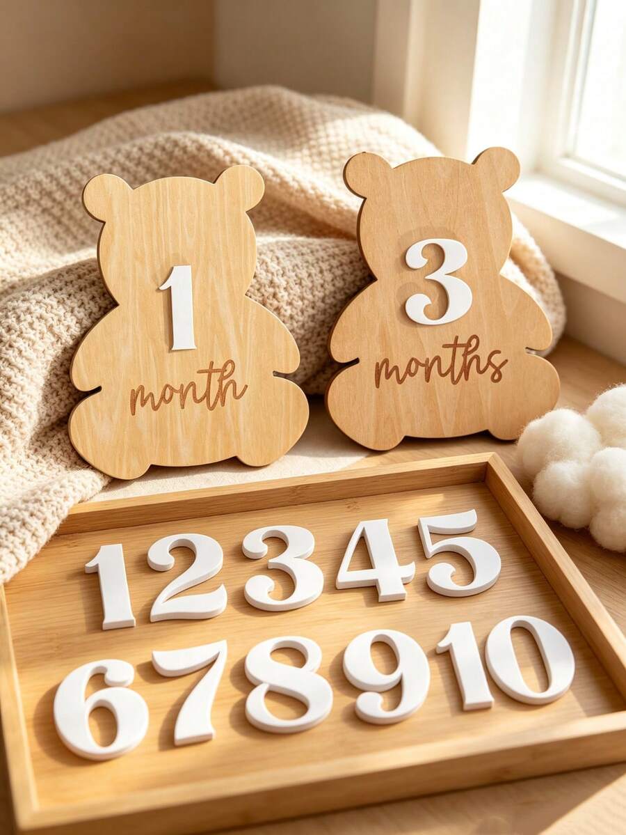 Wooden Double-Sided Milestone Sign Set, Interchangeable Milestone Card Set, Double-Sided Baby Milestone Birth Announcement Board, Newborn 1-12 Months Photo Props, Newborn Welcome Sign - Multicolor - View 1