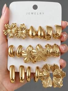 9 Pairs Vintage Gold Earrings 3 Pieces Set For Women, Floral And Textured Hoop Design, Lightweight Hypoallergenic Versatile, Perfect For Date, Party, Birthday Gift - Gold - View 1