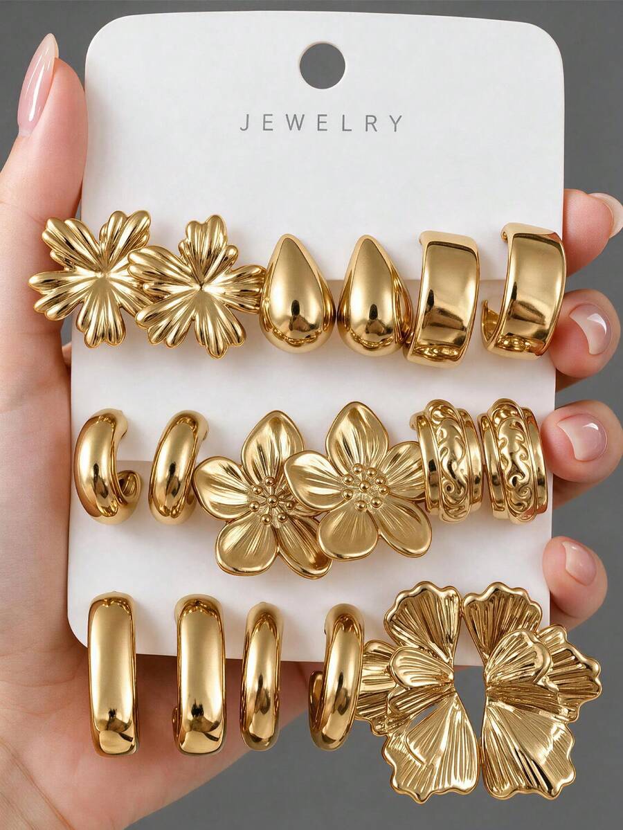 9 Pairs Vintage Gold Earrings 3 Pieces Set For Women, Floral And Textured Hoop Design, Lightweight Hypoallergenic Versatile, Perfect For Date, Party, Birthday Gift - Gold - View 1