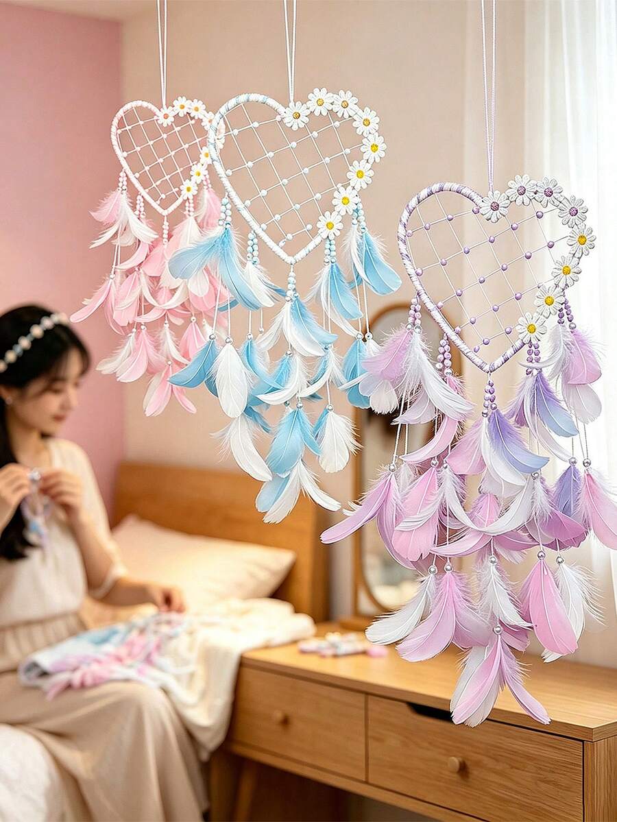 1件手工羽毛捕夢網附花朵，適合成人與女孩，臥室家居裝飾，婚禮派對祝福禮物