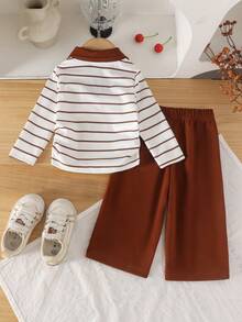 2pcs Baby Girl Casual Vintage Brown Striped Collared Waist-Cinching Long Sleeve Top & Straight Leg Pants Set, Thin Spring/Autumn - Khaki - View 2