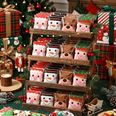 150/100pcs Multi-Color Christmas Gift Bags, Suitable For Christmas Party Decoration, Cellophane Packaging Bags With Santa Claus, Snowman, Reindeer Patterns, PP Plastic Bags, Can Hold Candy Canes And Candies, Small Size (Random Style)