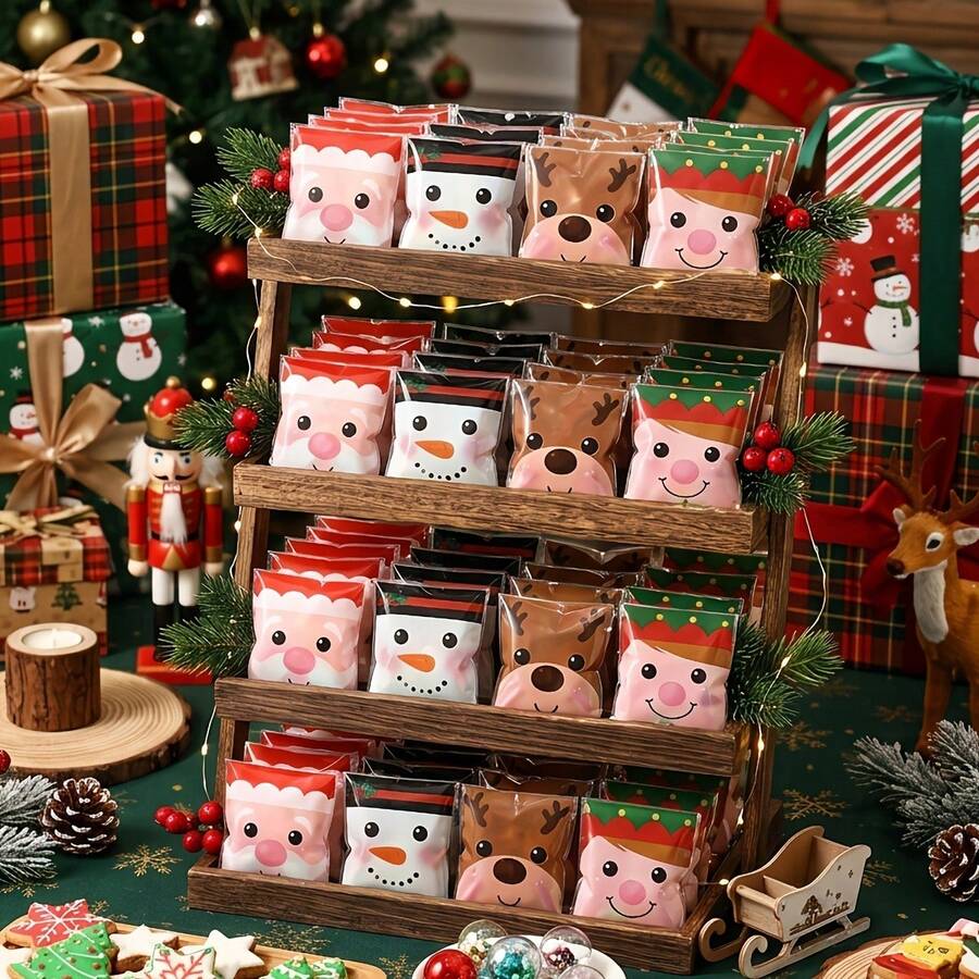 150/100pcs Multi-Color Christmas Gift Bags, Suitable For Christmas Party Decoration, Cellophane Packaging Bags With Santa Claus, Snowman, Reindeer Patterns, PP Plastic Bags, Can Hold Candy Canes And Candies, Small Size (Random Style) - View 1