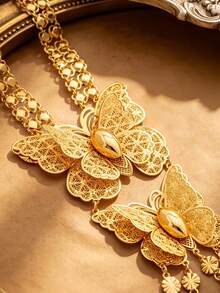 4pcs Bohemian Women's Gold-Plated Butterfly Tassel Necklace, Earrings, Ring Set, Suitable For Wedding Wear And Holiday Exquisite Gift - Gold - View 4