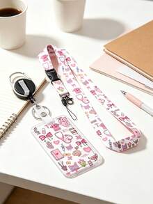 Medical Element Cartoon Card Holder Set, Pink Medical Pattern Acrylic Badge Holder, With Retractable Lanyard And Long Strap, Nurse Student ID Card Holder, Anti-Loss Portable, Fresh Sweet Style, Suitable For Commute, Work, Campus Use, Recommended Gift For Family, Friends, Colleagues - Multicolor - View 3