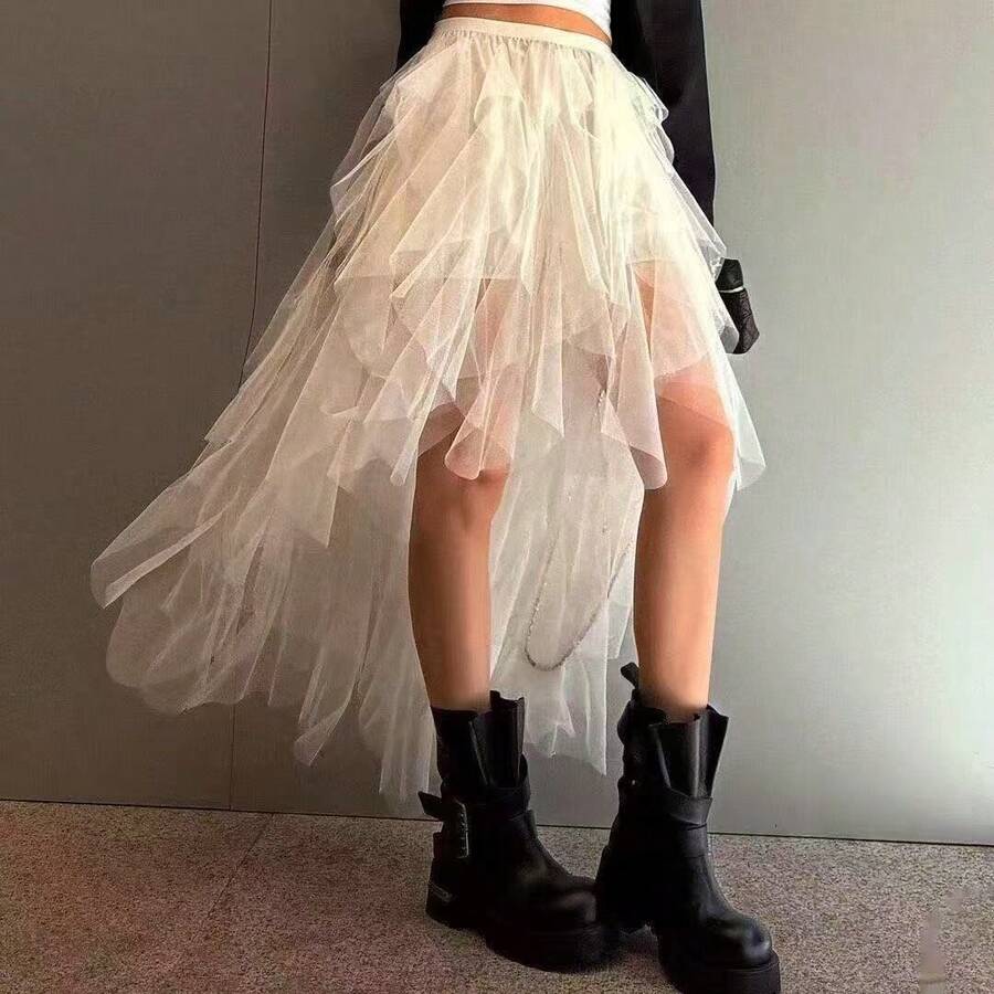 Gentle Style Youthful Chic Asymmetrical Tassel Skirt, Elegant White Slimming Elastic Waist Skirt - Multi-color - View 1