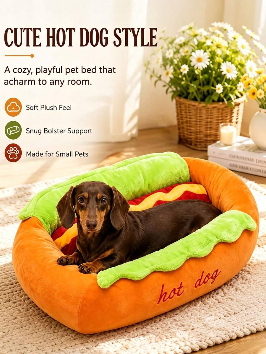 1pc Cute Bread Hot Dog Shaped Pet Bed, Universal For Cats And Dogs, Removable And Washable Pet Mat, Comfortable Soft Small Pet Sofa, Non-Slip Bottom Design - Multicolor - View 1