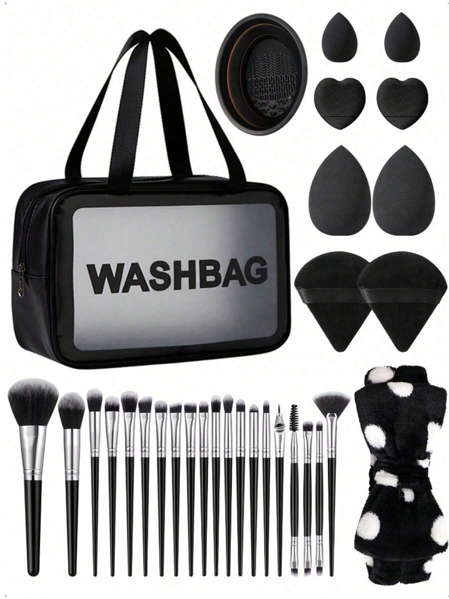 33Pcs/6pcs Black Makeup Brush Set Makeup Brushes Cosmetic Sponges Triangle Powder Puffs Heart Powder Puffs Brush Cleaner Bowl Wrist Headband Cosmetic Storage Bag Complete Makeup Tool Kit For Beginners - Black - View 1