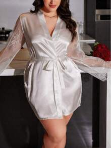 Plus Size White Satin Sheer Lace Long Sleeve Tie Front Short Robe Bridal Morning Robe Loungewear - White - View 5