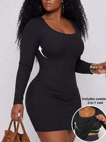 1pc Plus Size Square Neck Ribbed Long Sleeve Extended Length 2-In-1 Built-In Bra Solid Color Versatile Comfortable Minimalist Slimming Casual Yoga Sports Outerwear, Autumn/Winter - Black - View 1