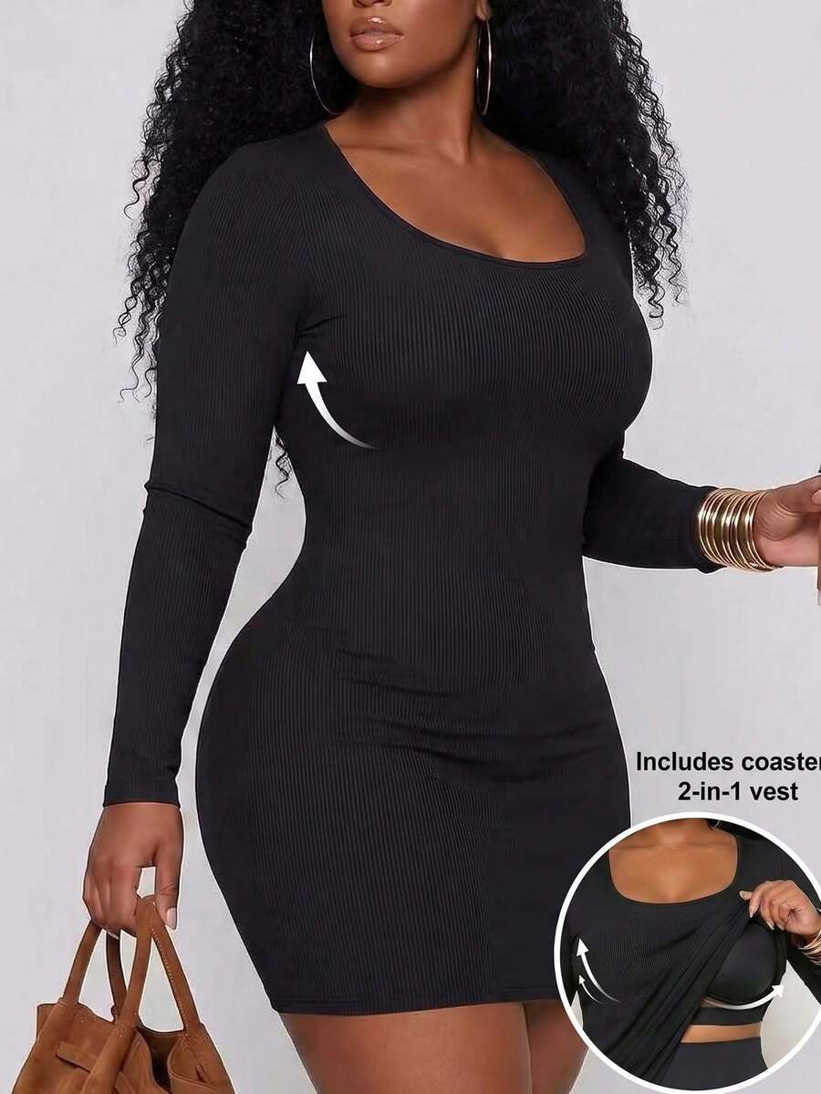 1pc Plus Size Square Neck Ribbed Long Sleeve Extended Length 2-In-1 Built-In Bra Solid Color Versatile Comfortable Minimalist Slimming Casual Yoga Sports Outerwear, Autumn/Winter - Black - View 1