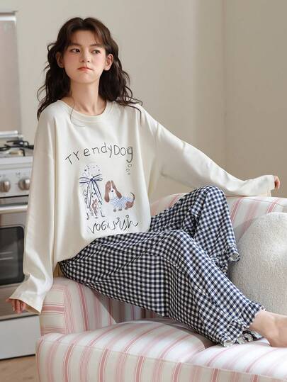 Women's Casual Dachshund English Print Pajama Set, Valentine's Day, Cute Round Neck T-Shirt Long Sleeve Top, Elastic Striped Plaid Ruffle Hem Long Pants Sleepwear, Spring Autumn Winter Minimalist Loungewear 2-Piece Set