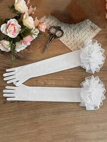 1 Pair Black Floral Gothic Long Over-The-Elbow Gloves For Wedding Party Evening Halloween - White - View 3