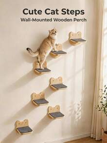 Cat Wall Shelf Steps, Cat Head Shaped Wooden Climbing Frame With Felt Scratching Pad, Wall-Mounted Indoor Cat And Kitten Furniture - Apricot - View 1