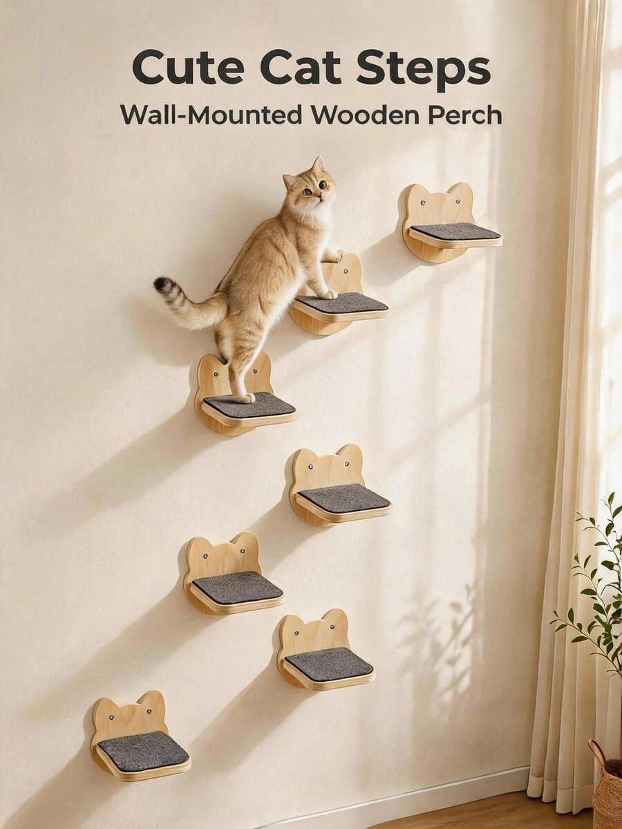 Cat Wall Shelf Steps, Cat Head Shaped Wooden Climbing Frame With Felt Scratching Pad, Wall-Mounted Indoor Cat And Kitten Furniture - Apricot - View 1