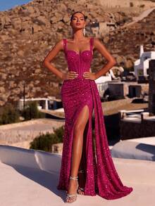 ADYCE Elegant Thick Strap Sequin Boning High Waist High Slit Backless Lace-Up Train Long Evening Gown Wedding Party Fall - Hot Pink - View 1