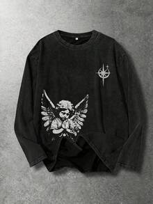 [Simple] Men's Angel Pattern Long-Sleeve T-Shirt - Comfortable Crew Neck Top, Suitable For All Seasons, Casual Wear, Fashionable Street Style. - Black - View 2