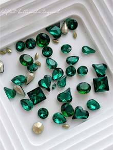 30Pcs Emerald Green Pointed Rhinestone Nail Art Decor, Viral Sparkling Heart & Square Sugar Glass Irregular Rhinestone Nail Decoration - Dark Green - View 2