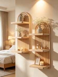 1pc Bohemian Style Wavy Wooden Wall Frame, Rainbow Arch Farmhouse Wall Shelf, Multi-Functional Wall-Mounted Outdoor Rack, Easy Installation, Suitable For All Seasons, Living Room Wooden Wall Storage Rack - Christmas And Halloween Gift, Home Decor - Apricot - View 4