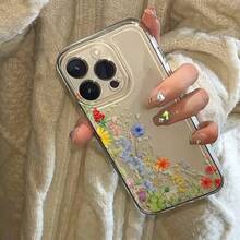 1pc Fashion Creative Full Screen Purple Floral & Leaf Painted Pattern High Transparency Phone Case, Anti-Drop Anti-Scratch Anti-Fingerprint Transparent TPU Soft Shell, Camera Lens Protection Compatible With Apple, Nothing, Pixel, Protective Case - Multicolor - View 4