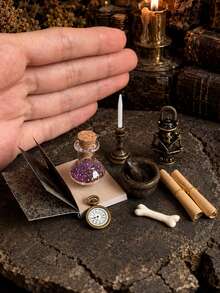 Miniature Alchemy Scene Ornament Set Includes Potion Bottles, Candle Holders, Mortar And Pestle, Scrolls And Magic Books Miniature Models. Dollhouse Witch Scene Decoration Accessories - one-size - View 3
