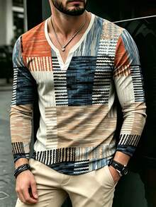 Men's V-Neck Long Sleeve T-Shirt, Color Block Pattern, No Texture Print, Sublimation Print, Casual Pullover - Multicolor - View 1