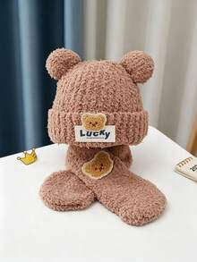 1 Set 3D Bear Ears Lucky Label Decor High Elastic Thickened Coral Fleece Warm Windproof Ear & Neck Protection Cute Cartoon Children's Hat & Scarf Set, Winter Daily Wear, Holiday Gift - Multicolor - View 8