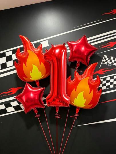 5pcs 40 Inch Number Balloon Set, Large Flame Foil Balloons, 18 Inch Red Star Balloons, Large Red 0-9 Number Balloons, Suitable For Birthday Party, Flame Theme, Firefighter Theme, Baby Shower Decoration