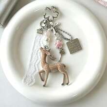 1pc Flocked Deer Keychain, Lace Ribbon Flower Bead Charm, Cute Atmosphere Pendant, Suitable For Handbag, Backpack Decoration, Can Be Used As Gift - Multicolor B - View 5