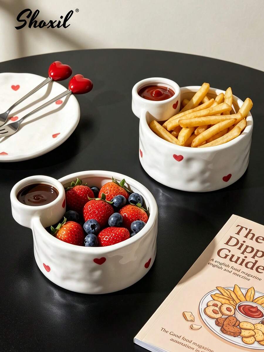 shoxil 1pc Heart Print Ceramic French Fries Bowl With Built-In Sauce Compartment, Dual-Section Heating Appetizer Plate, Creative Snack Tableware, Suitable For Home Daily Use, Family Gatherings And Movie Night - Bowl - View 1