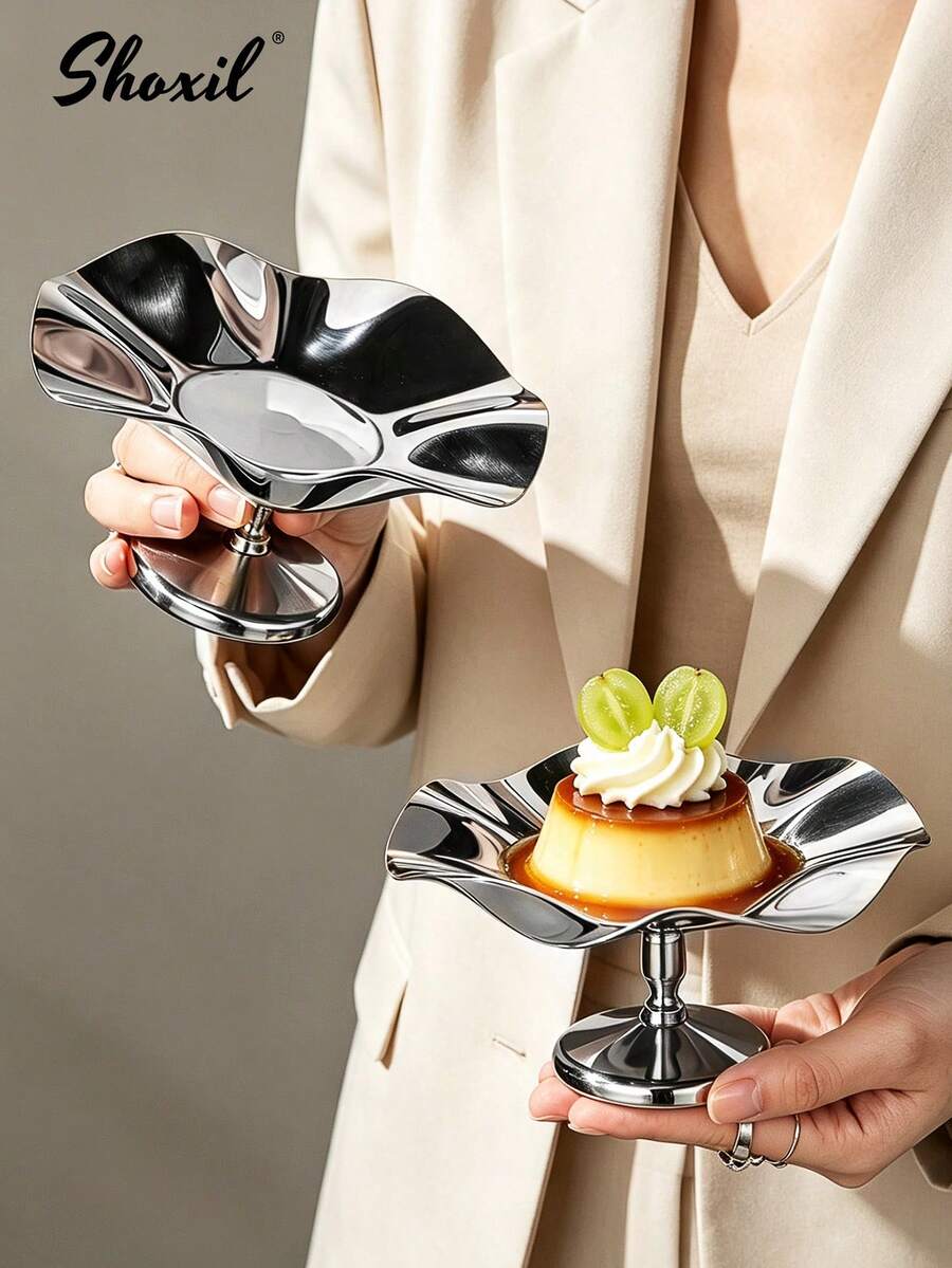 shoxil 1 pièce Tasse à dessert en métal en forme de feuille de lotus, bol de service à pied en acier inoxydable poli, plateau décoratif à pied haut, convient pour les desserts, les fruits, les amuse-gueules, parfait pour la table basse du salon et les hôtes de fêtes à la maison - Tasse - Voir 1