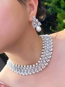 1 Set Luxurious Silver Plated Cubic Zirconia Wide Choker Pearl Necklace And Earrings Wedding Brides Jewelry Set For Women Banquet Party Anniversary Gift - White - View 5