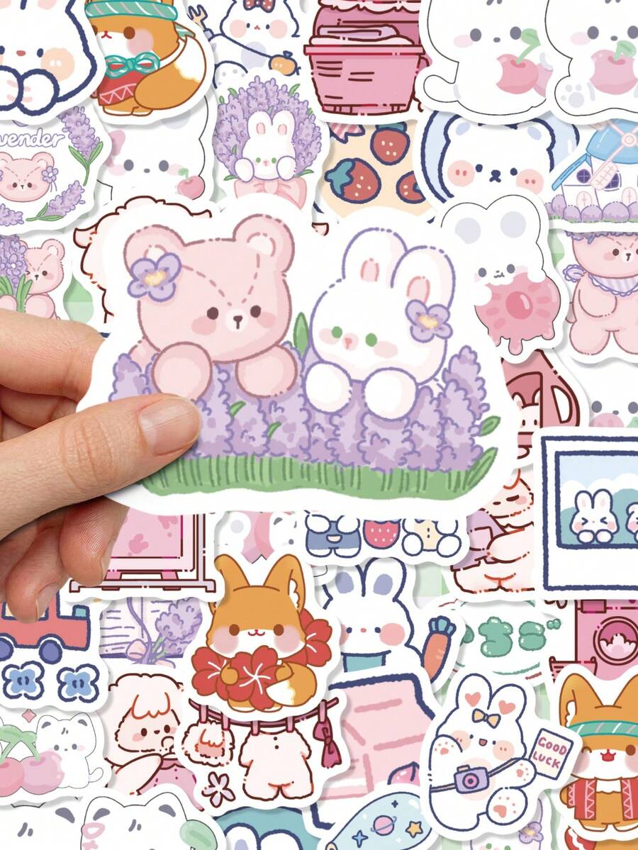 100Pcs Pastel Chibi Animal Stickers, Mixed Cat Fox Sheep Rabbit Decals, Waterproof Vinyl Stickers For Laptop, Water Bottle, Planner & Cup DIY Decor - Multicolor - View 1