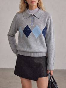 Women's New Autumn/Winter Retro Argyle Knit Polo Collar Pullover Sweater Long Sleeve Regular Fit Top - Grey - View 3