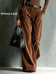 Women's Fashion Casual Solid Color High Waist Wide Leg Pants [No Belt] - Brown - View 4
