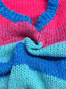 DVSLOE Women Casual Rainbow Stripe Fall Winter Sweater, Round Neck Lantern Long Sleeve Loose Knit Pullover For Daily, Dating, Going Out - Multicolor - View 7