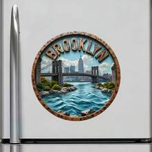 Brooklyn Bridge And The Manhattan Skyline In A Bold Circular Frame Magnet Where The Waterfront With The City's Bold Spirit Keepsake For All Metal Surfaces Throughout The Home - A - View 2