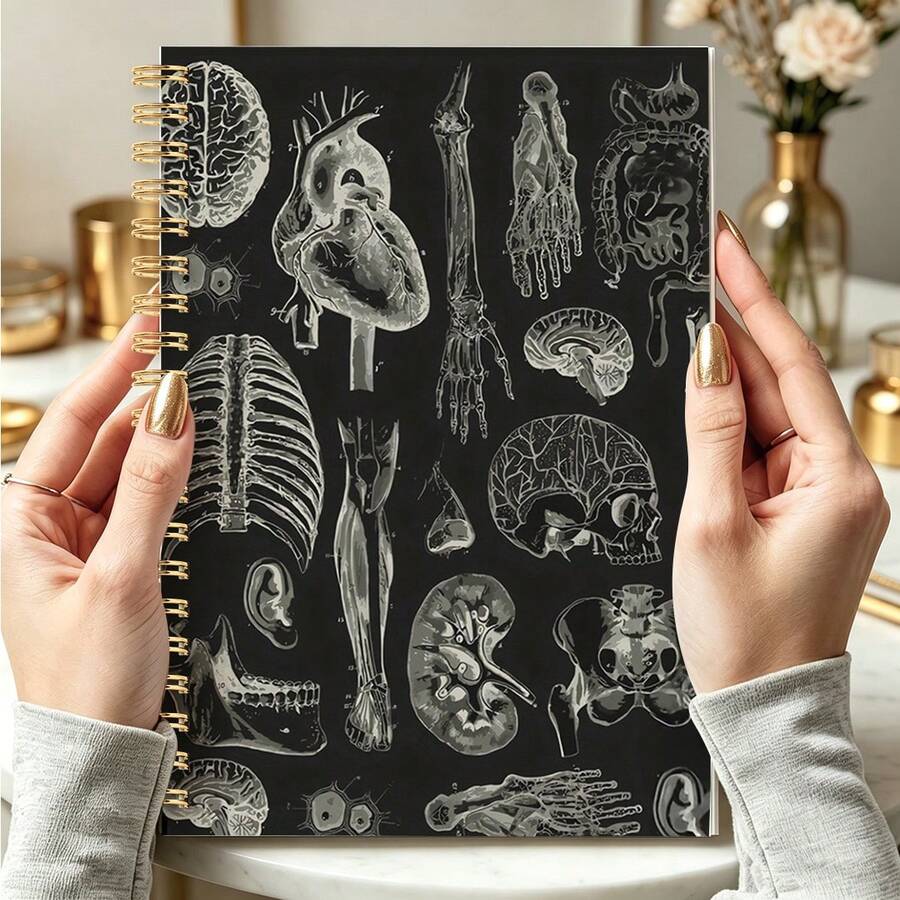 1pc 21x14cm Spiral Journal, Black Background Human Body Anatomy Illustration Notebook, Gothic Medical Art Style, For Study & Work, Daily Log Diary Memorandum Book - M - View 1